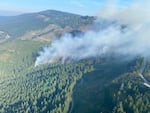 Smoke rises from forest land on Larch Mountain in Clark County, Washington.
