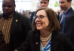 Oregon Gov. Kate Brown introduced former president Bill Clinton at a public rally in Portland.