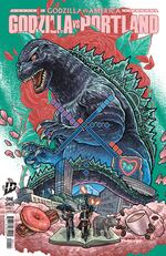 The main cover for "Godzilla vs. Portland," illustrated by Benjamin Dewey. It's the latest issue from the comic book anthology series, "Godzilla vs. America" from IDW Publishing. This one-shot issue features stories from Northwest comic creators based in the city, including Colleen Coover, Cat Farris, Caitlin Yarsky, Mark Russell and Eryk Donovan.