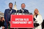 Reps. Thomas Massie, R-K.Y. (center); speaks alongside Ro Khanna, D-Calif.; and Marjorie Taylor Greene, R-Ga., during a news conference on the Epstein Files Transparency Act outside the U.S. Capitol on Nov. 18, 2025 in Washington, DC. The House is expected to vote today on the legislation, which instructs the U.S. Department of Justice to release all files related to the late accused sex trafficker Jeffrey Epstein. (Photo by Heather Diehl/Getty Images)