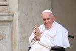 Pope Francis, seated in a wheelchair, presides over "The Cortile dei Bambini" (The Children's Courtyard) encounter with children coming from all over Italy, on June 4, 2022, at San Damaso courtyard in The Vatican.