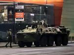 An armored personnel carrier is parked in a street in the city of Rostov-on-Don early Saturday.