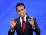 Republican presidential candidate businessman Vivek Ramaswamy gesturing during a Republican presidential primary debate hosted by NewsNation on Wednesday at the University of Alabama in Tuscaloosa, Ala.