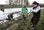 Juliette Fernandez, right, with the U.S. Fish and Wildlife Service, Jasmine Zimmer-Stucky and Doug Kruger with the Lower Columbia Estuary Partnership dig holes for wapato bulbs in the newly restored wetlands at the Steigerwald National Wildlife Refuge on Nov. 22, 2021.