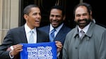Pittsburgh Steelers NFL football players Jerome Bettis and Franco Harris accompany then-presidential candidate Barack Obama in 2008 as they leave the Soldiers and Sailors Museum and Memorial in Pittsburgh.