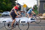 Ted Rivers rides his Space 1999 themed bicycle, wearing a federation uniform, for Pedalpalooza's Star Trek ride in Southeast Portland last year.