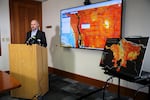 Brendon Haggerty with the Multnomah County Health Department shows a new heat map of Portland on Wednesday. “In areas where we see warmer spots, we can target those for tree planting for example, or removing some of the pavement that we have in place,” Haggerty said.