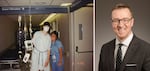 Brendan Harley at 17 is shown in a hospital gown and mask holding onto an IV pole in the hallway of a hospital. A smiling nurse in scrubs is hugging him. At right is a professional headshot of Harley as a healthy adult.