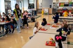 Kindergarteners eat lunch together at Wascher Elementary School in Lafayette, Ore., on Wednesday Oct. 15, 2025.