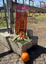 Qingming ritual offerings — including food, flowers and incense — are placed at the fence built around Block 14, the historic burial site of early Chinese immigrants, at Lone Fir Cemetery in Portland, Ore., on April 4, 2026.