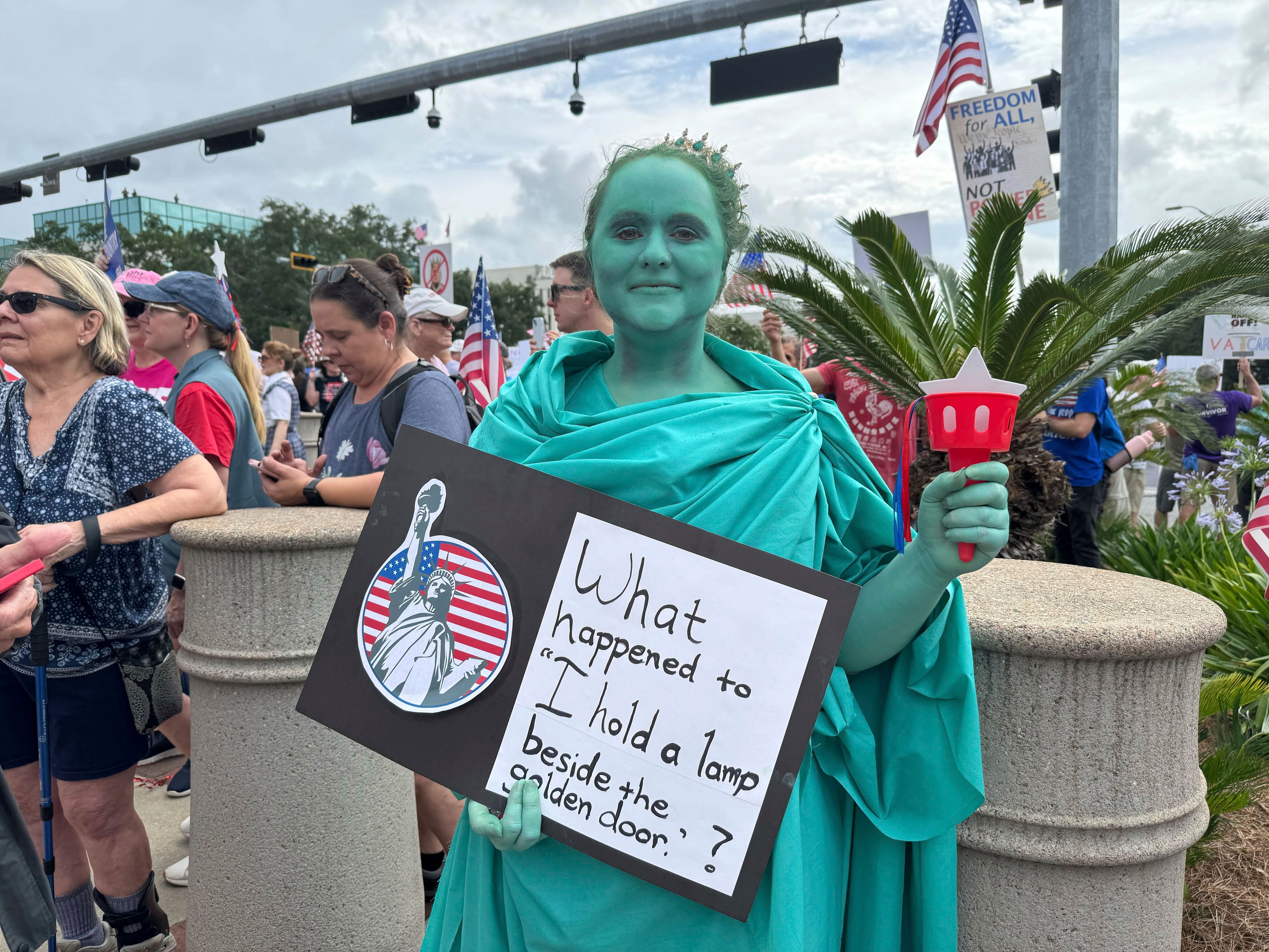 Tallahassee, Fla: Anna Marie Shealy dressed as Lady Liberty for the No Kings protest.