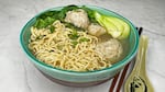 Gingery noodle soup with pork-mushroom meatballs, bok choy and a little culinary history