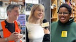 (From left) Multnomah County bridge operations coordinator Aysha Ghazoul, Movie Madness clerk Sara Reinhart and Powell's bookseller Katherine Morgan are featured in OPB's "At Work With" series. The new series looks at people from different professions and what it’s like to do what they do.