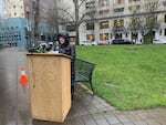 Commissioner Chloe Eudaly speaks at a press conference in favor of a temporary eviction moratorium on March 13, 2020, in Portland, Ore.