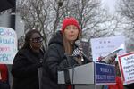 Dr. Mary Afsari-Howard, an OBGYN, speaks at a rally on Feb. 13, 2023, seeking to pressure Legacy Health to reverse its decision to close its Mount Hood Family Birth Center in Gresham.