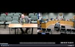 In this screenshot from video, John Heylin, left, speaks at the Bend Human Rights and Equity Commission meeting, March 27, 2024, in Bend, Ore. Public comments during the meeting later prompted the city to remove the video from its public channel.