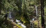     
After hiking to the top of the close to 100-foot waterfall, the scouting team looked down and discovered a second waterfall. It came from a separate stream, converging at the same spot as the other waterfall. Jared Smith and John Waller scrambled down the steep hillside to the base of these falls and named the place “Shangri-La.”