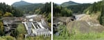 Left: Elwha Dam removal work on October 20, 2011. Right: Former Elwha Dam site on May 1, 2012.