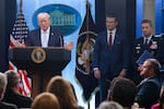President Trump speaks as Secretary of Defense Pete Hegseth (center) and Chairman of the Joint Chiefs of Staff General Dan Caine look on during a news conference at the White House on April 6.