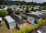 The former home of Fred Fah, bottom left, at the Altramar 1 Mobile Home Community in Milwaukie, Ore., on June 18, 2026. Fah was one of more than 100 people who died from extreme heat during the 2021 heat dome.