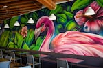 Un mural de un flamenco en la ubicación de Beaverton de Dos Hermanos, en esta foto de junio del 2025, antes de la gran apertura del restaurante. Los hermanos Gabriel y Josué Azcorra  comenzaron Dos Hermanos y tienen raíces familiares en Yucatán, México, donde comúnmente hay flamencos.
