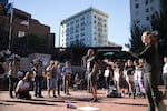 Andre Washington speaks about his brother at a rally in Portland Sunday, July 1, 2018.