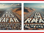 These are the results produced for NPR by Microsoft’s Image Creator after given a prompt to produce a realistic-looking aerial photo of Rafah, with the phrase “all eyes on Rafah” superimposed among the tents.