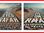 These are the results produced for NPR by Microsoft’s Image Creator after given a prompt to produce a realistic-looking aerial photo of Rafah, with the phrase “all eyes on Rafah” superimposed among the tents.