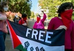 A small group of Portland State University students, alums and supporters march around the block, near the PSU Administration building, Oct. 7, 2024. Monday marks one year since the Hamas attack on Israel.