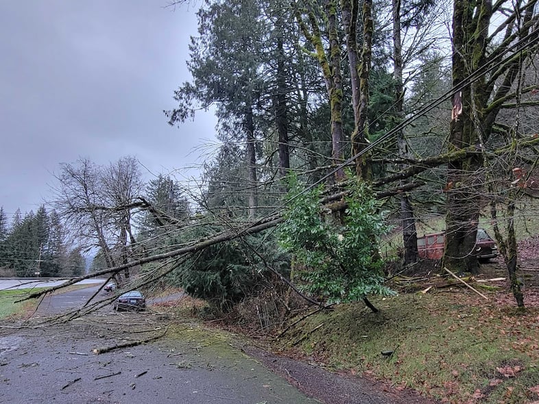 Storm damage on Wednesday, Dec. 19, 2025 along U.S. Highway 26 near Alder Creek.