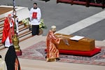 Youssef Absi, Patriarch of Antioch and All the Orient, of Alexandria and of Jerusalem and head of the Melkite Greek Catholic Church, blesses the coffin during the funeral of Pope Francis in St. Peter’s Square on Saturday in Vatican City.