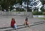 Maya Gardner (left) and theater teacher Lara Okamoto (right) catch up in Bend, Oregon at an outdoor stage that the community uses for “Theater in the Park.”