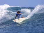 Tamayo Perry during a surf competition at Teahupoo, Tahiti, French Polynesia. Perry died this week from injuries sustained during a shark attack.