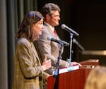 U.S. Rep. Marie Gluesenkamp Perez, D-Skamania, speaks to a crowd at Lower Columbia College in Longview, Wash. on Oct. 2, 2024. The first-term incumbent is in a rematch for the seat against conservative Joe Kent.