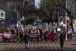 FILE — Around 100 people march through downtown Portland in protest of various Trump administration policies, including immigration and foreign affairs in Venezuela, Israel and Palestine, at Terry Schrunk Plaza in downtown Portland, Ore., on Jan. 17, 2026.