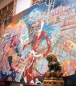 A small section of a large painting done by Van Le's late father, Le Quang Vinh, taken on March 27, 2025. Le and her uncle Allen Luong are coordinating a series of exhibits that will showcase her father's paintings. The first event will be on April 5, 2025.
