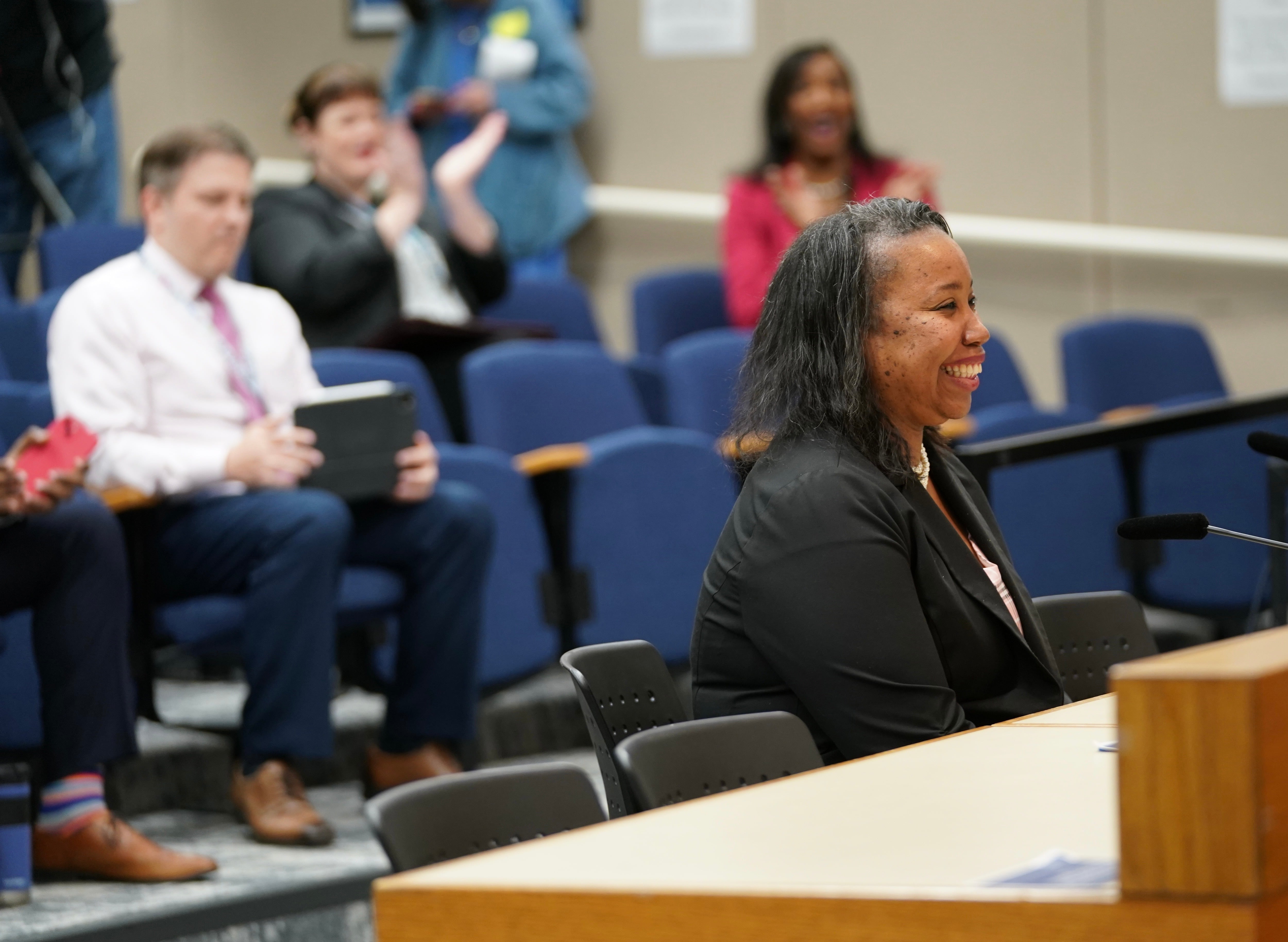 Kimberlee Armstrong, the new Portland Public Schools superintendent, smiles as the school board welcomes her to the district during a special meeting Wednesday morning, June 5, 2024.