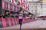 Kenya's Kelvin Kiptum crosses the finish line to win the men's race at the London Marathon in London, Sunday, April 23, 2023. The marathon world record-holder died in a car crash Sunday.