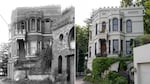 Left: This undated photo shows Piggott's Castle in Portland, Ore., beside the original carriage house, which no longer exists. Right: The castle, pictured on Aug. 21, 2026. The home, originally built in 1892 by Charles Piggott, has been owned for over 45 years by John and Kelsey Grout, who restored the home over several decades.