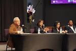 From left, State Sen. Lew Frederick, U.S. Rep. Janelle Bynum, and Portland City Councilor Loretta Smith discuss the impacts of Trump policies on Oregonians of color at a Black Community Town Hall in Portland on Saturday, Oct. 25, 2025.