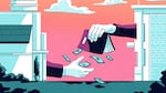 Money falling out of a book and exchanging hands.