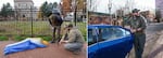 First image: Joseph, a man sick from fentanyl withdrawal, lies on a sidewalk in downtown Portland as Ryan Hazlett, center, and Patrick Smith, right, outreach workers from local nonprofit groups, offer him treatment options. Second image: After nearly an hour trying to find a treatment bed and juggling insurance issues, Smith prepares to take Joseph to a detox facility.