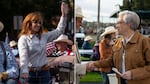 First image: Christine Drazan waves to attendees while campaigning in the Westward Ho! Parade in Pendleton, Ore., on Sept. 18, 2026. Second image: Oregon Gov. Tina Kotek shakes hands with Dan Glenn of Pendleton at the VFW Outdoor Cowboy Breakfast in Stillman Park, in Pendleton, Ore.