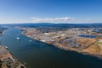 An aerial image of a shipping port.