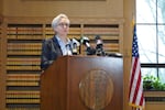 Gov. Tina Kotek talks to reporters on Wednesday, Jan. 31, 2024, at an event to preview the legislative session. The governor and lawmakers plan to prioritize the state’s homelessness and drug addiction crises during the 2024 session.