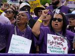 Frontline health care workers hold a demonstration outside Kaiser Permanente Los Angeles Medical Center on September 4.