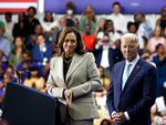 Vice President Harris speaks about prescription drug prices with President Biden on Aug. 15, 2024 in Largo, Md. 