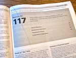 This photo, taken on October 14, 2024, shows the first page of the Measure 117 section of the Oregon Voters' Pamphlet for the November 2024 election. The text, justification and arguments for and against the bill comprise 38 pages, from 75 to 113.