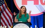 Republican National Committee Chairwoman Ronna McDaniel gives a speech in 2023. The RNC is urging Republican voters to embrace early voting, even as conservative leaders continue to rail against the practice.
