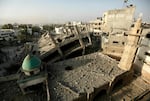 Damage at the historical Great Omari Mosque on Aug. 2, 2014.